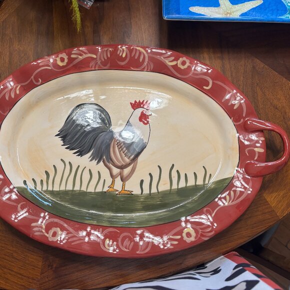 Hand Painted Platter Rooster Serving Platter with handles - Picture 1 of 4